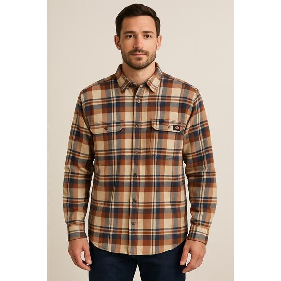 Men’s Dickies Navy Cream Tan Plaid Flannel Button Up Relaxed Fit size XL - Picture 1 of 7